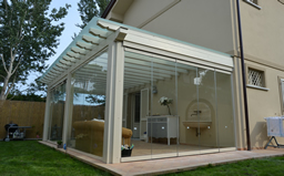 glass and wooden roof with opening glass doors